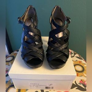 Coach size 8 M black kidskin and patent leather platform sandals.